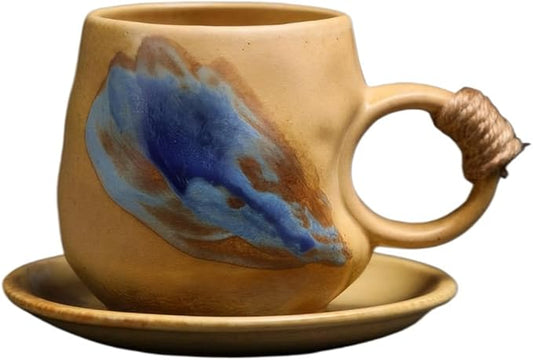 Small 8oz Unique Vintage Retro Japanese Handmade Ceramic Cappuccino Barista Cup with Saucer, Coffee Cup and Saucer, Artisanal Stoneware Coffee Mug, Lead-Free Latte Art Mug (1, Light brown)