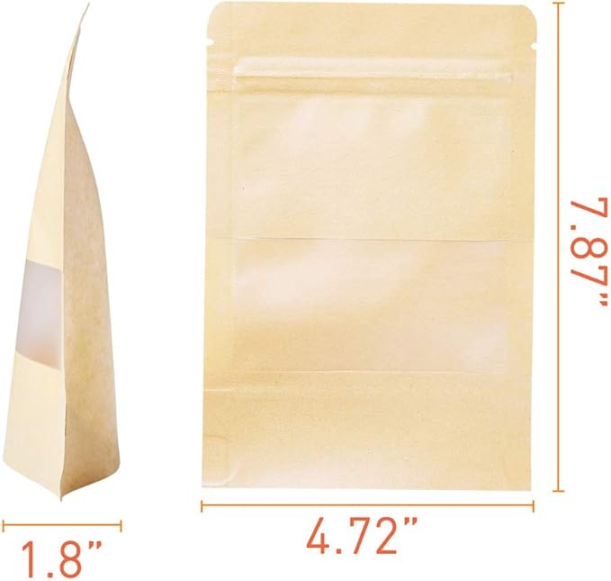 LZLPACKING Kraft Stand Up Pouches bags 100 Pcs,Brown Resealable with Window for Home or Business,Coffee Bags,Food Storage Bags,Sealable Bags for Packaging(4.7횞7.9)