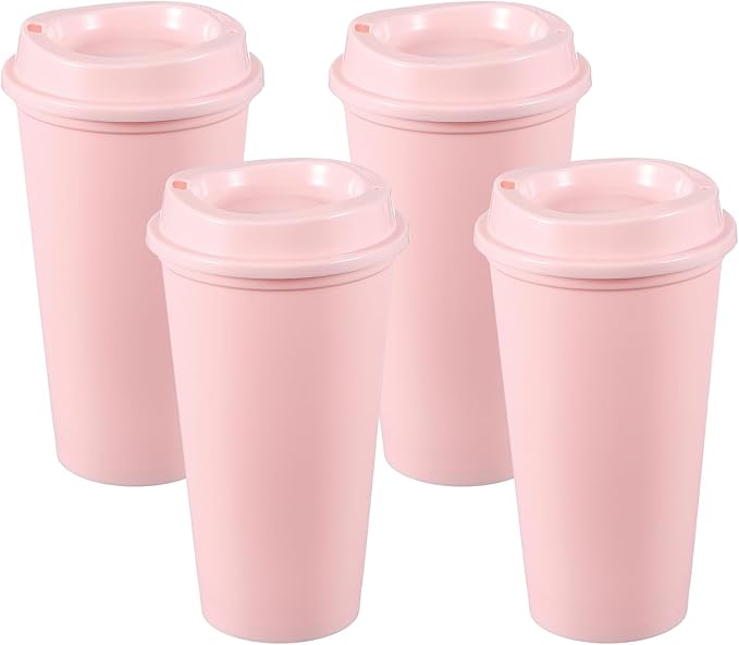 uxcell 4Pcs Reusable Coffee Cups with Lids, 16oz Travel Coffee Mugs Spill Proof Water Tumblers Drinking Cups for Hot and Cold Drinks Juice Tea, Pink