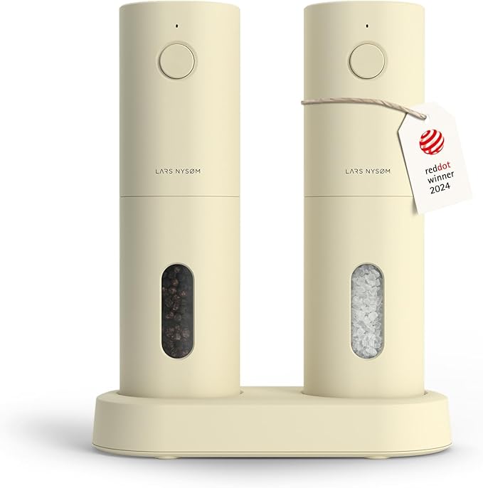 LARS NYS횠M Electric Salt and Pepper Grinder Set, USB Rechargeable, Automatic Salt and Pepper Mills, Spice Shakers Refillable with LED Light, Adjustable Coarseness, Ceramic Grinder (Butter Cream)