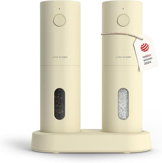 LARS NYS횠M Electric Salt and Pepper Grinder Set, USB Rechargeable, Automatic Salt and Pepper Mills, Spice Shakers Refillable with LED Light, Adjustable Coarseness, Ceramic Grinder (Butter Cream)