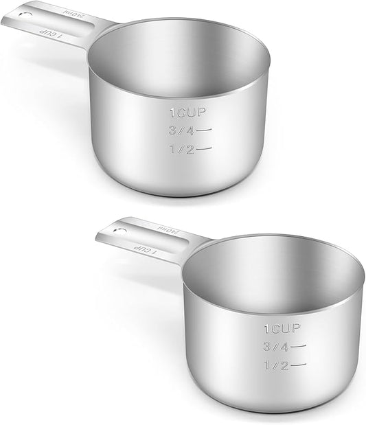 BERYLER 2PCS 1Cup (240ml, 8oz) Single Measuring Cup, Stainless Steel Measure Scoop, Metric and US Measurement, Dishwasher Safe