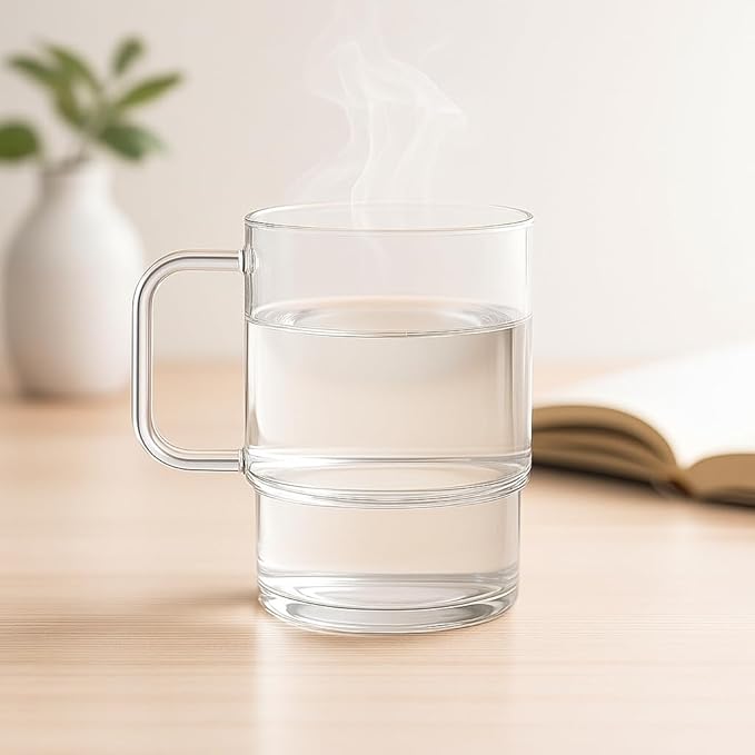 Aquach 22oz Stackable Glass Mugs with Handle, Set of 2 - Large Clear Coffee Cups for Latte, Cappuccino, Mocha, Americano, and Tea