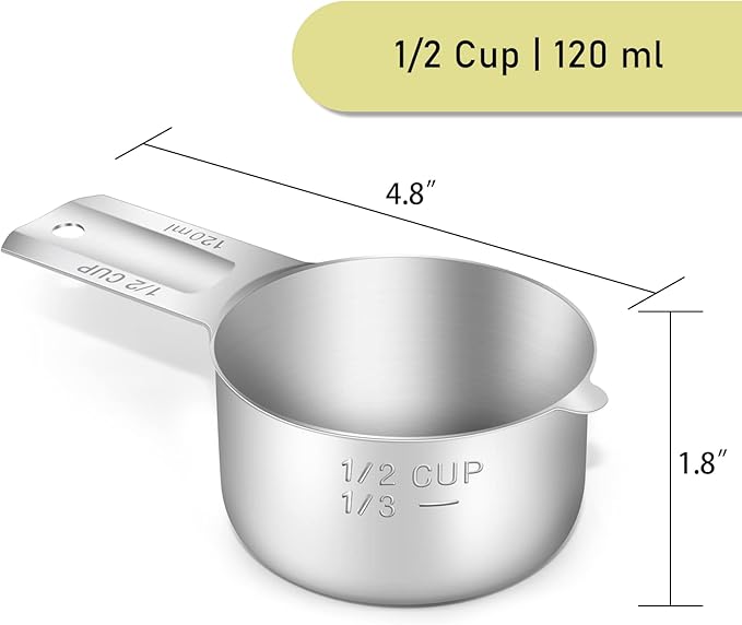 BERYLER 1PCS 1/2Cup (120ml, 4oz) Single Measuring Cup, Stainless Steel Measure Scoop, Metric and US Measurement, Dishwasher Safe