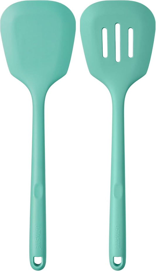 U-Taste 600쨘F Heat Resistant Silicone Turners: 13.6in Long Solid & Slotted Kitchen Spatula Flipper, Wide and Large Flexible Cooking Utensil for Flipping Egg, Pancake, Cookie (Aqua Sky, 2PCS)