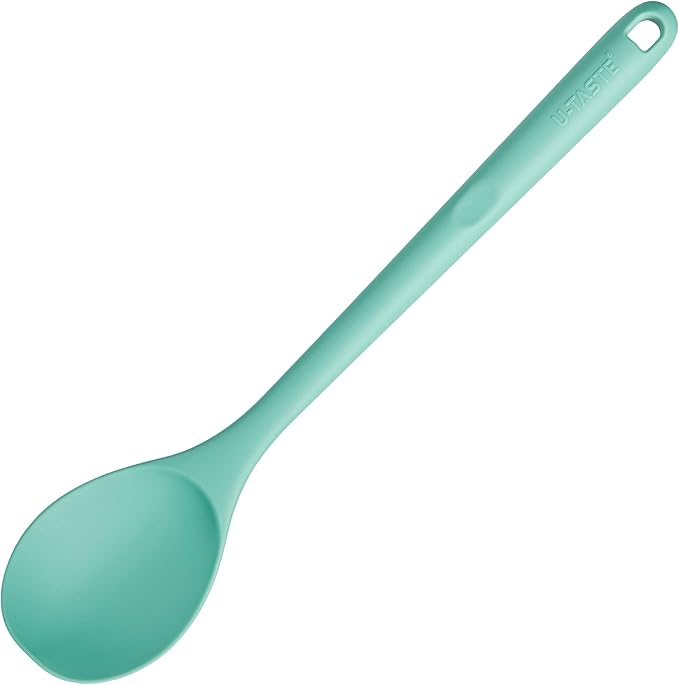 13.3" Solid Cooking Spoon: U-Taste 600쨘F Heat Resistant Kitchen Mixing Spoon, Food Grade Nonstick Long and Large Rubber Soup Utensil for Serving, Stirring, Basting, for Pot Cookware (Aqua Sky)