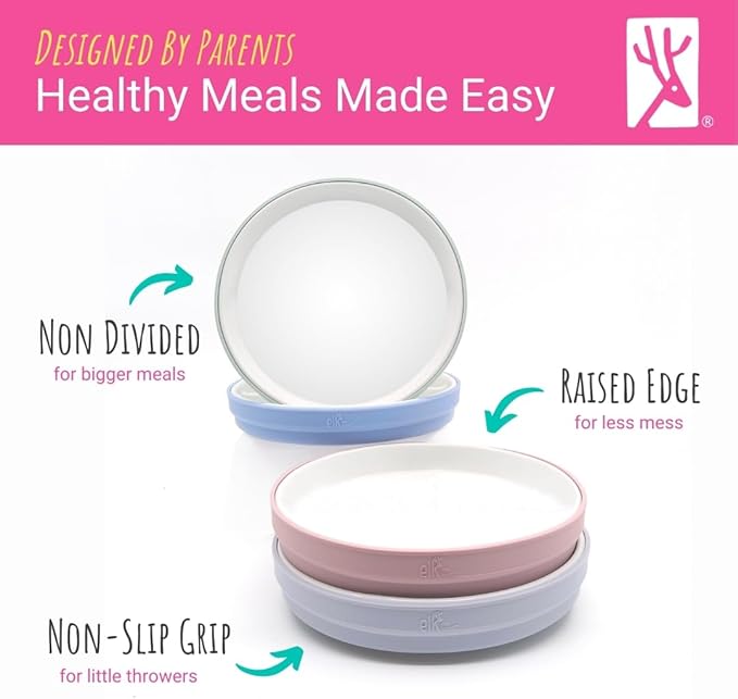 Elk and Friends Kids 7.8??Porcelain White Plates with Silicone Sleeves | Suitable for Babies/Toddlers | Microwave & Dishwasher Safe | Non Slip Dinnerware | Snack Dishes | 2 Pack