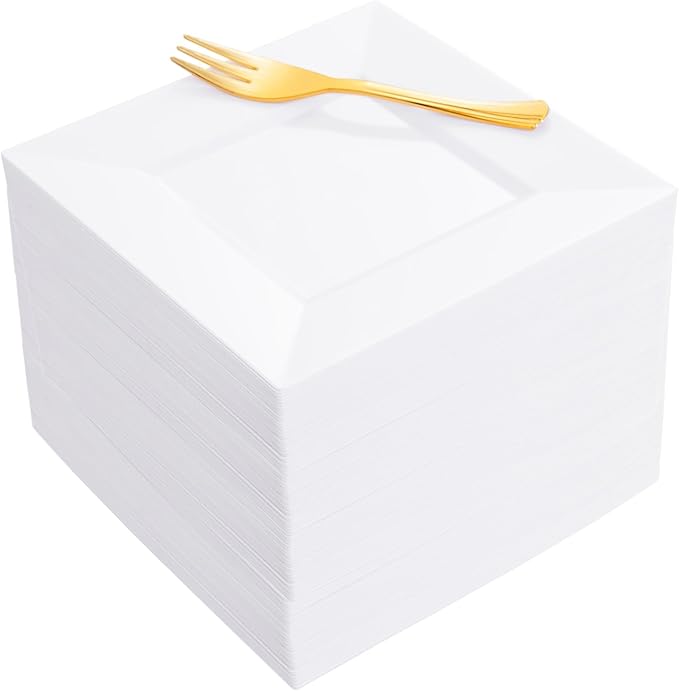 supernal 200Pcs White Dessert Plates 6" with Gold Plastic Forks 5.7",White Disposable Square Plates for 100 Guests, Including 100 Plastic Appetizer Plates and 100 Dessert Forks for Party