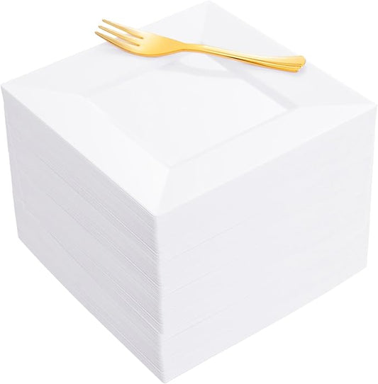 supernal 200Pcs White Dessert Plates 6" with Gold Plastic Forks 5.7",White Disposable Square Plates for 100 Guests, Including 100 Plastic Appetizer Plates and 100 Dessert Forks for Party