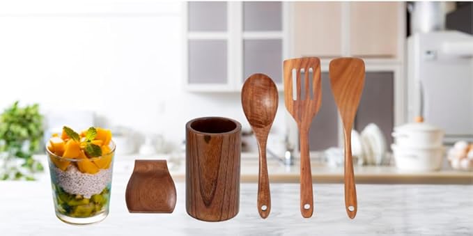 Wooden Spoons for Cooking - 5-Pcs Wooden Utensil Set - NonToxic Teak Cooking Utensil Sets - Heat Resistant Spatula with Utensil Holder with Spoon Rest - NonStick Wooden Cooking Utensils - A Gift