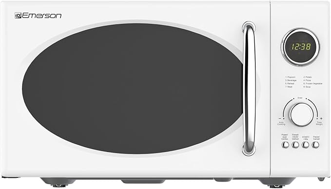 Emerson MWRG0901W 0.9 Cu. Ft. Retro Microwave with 1,000W Grill Function, 800W Cooking Power, LED Display, 5 Power Levels, 8 Auto Menus, Glass Turntable, Child Lock, White Countertop Design