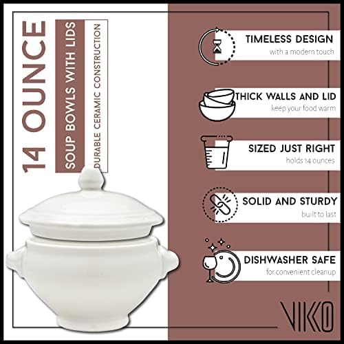Vikko Soup Crocks With Lion Lids, 14 Ounce White Soup Bowl with Cover, Set of 6 Soup Dishes, Dishwasher Safe, Sturdy Design