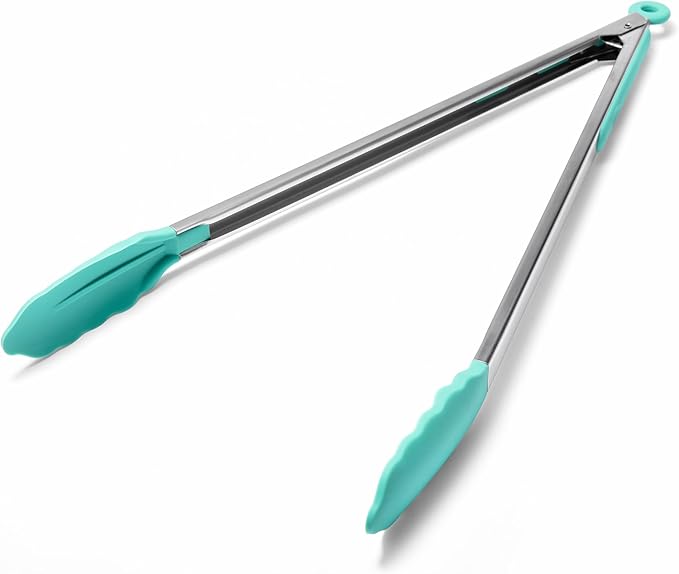 Doosu Kitchen Tongs for Cooking - 600째F Heat Resistant Food Tong with Non-Scratch Silicone Tips, Heavy Duty Stainless Steel Locking Tong for BBQ, Grilling Steak, Serving Salad, Pasta (16in, Aqua Sky)