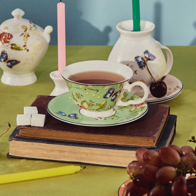 Aynsley Cottage Garden Windsor Fine Bone China Teacup & Saucer - 7.5oz (220ml), Elegant Windsor Shape, Christmas Gift for Tea Lovers, British Craftsmanship-Green