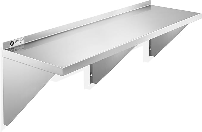 KUTLER Stainless Steel Shelf - 18" x 60", NSF Commercial Wall Mount Shelves with Backsplash, Floating Metal Shelving for Restaurant, Kitchen, Home