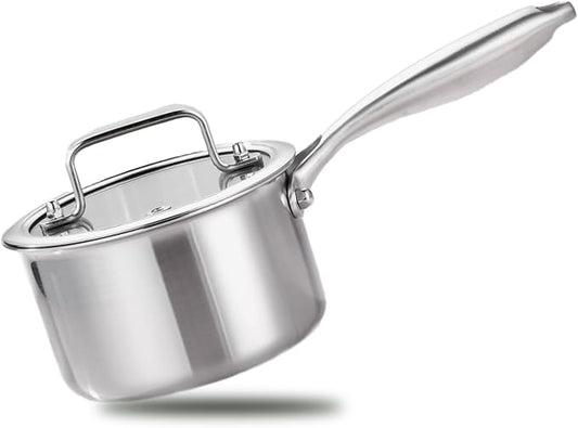 1 Quart Triple Stainless Steel Saucepan with Lid, Ramen Pot with Clear Glass Cover, Small Sauce Pan for Cooking Oatmeal, Induction-Ready, Dishwasher-Safe, Suitable for All Stoves