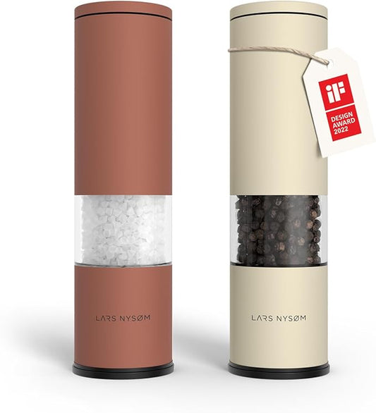 LARS NYS횠M Salt and Pepper Grinder Set Manual, Stainless Steel Salt and Pepper Mills with Adjustable Ceramic Grinder I Design Spice Shakers (Red/Beige)