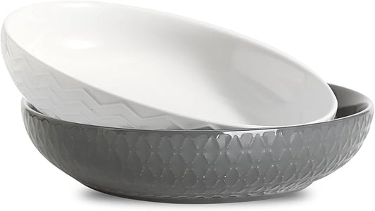 HASENSE 9" Large Pasta Bowls, 42 OZ Ceramic Salad Bowls Set of 2 for Serving Soup, Salad and Dinner, Embossed Wide and Shallow Pasta Plates for Kitchen and Eating, Microwave Safe, White and Grey