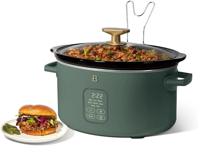 Beautiful 6 Quart Programmable Slow Cooker by Drew Barrymore ??Large Capacity, Ceramic Removable Pot, Tempered Glass Lid, Dishwasher Safe, Auto Keep Warm (Thyme Green)