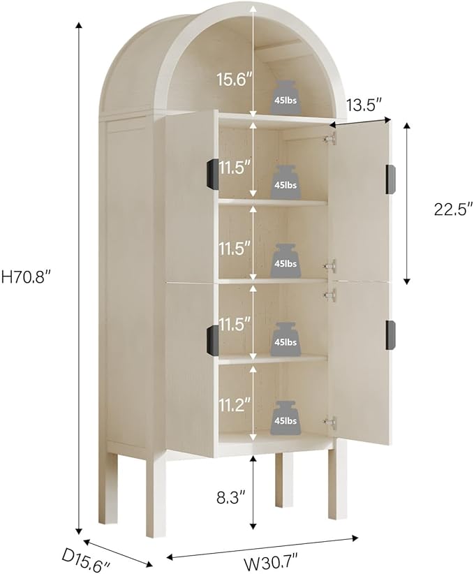 71" Tall Arched Fluted Storage Cabinet - Modern Pantry Cabinet with 4-Tier Shelves, Open Display & Sealed Storage, Accent Sideboard for Living Room Kitchen Dining Room (Antique White)