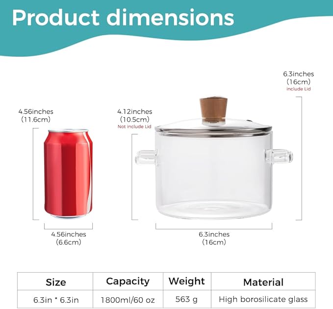 Glass Pots for Cooking on Stove, 1.8L/60 OZ Clear Simmer Pot Potpourri, Glass saucepan with Lid, Cookware for Stovetop