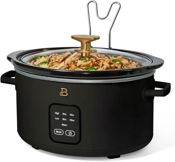 Beautiful by Drew Barrymore 4Qt Slow Cooker, Touch-Activated Display, 4 Presets, Auto Warm, Dishwasher-Safe Pot. (Black)