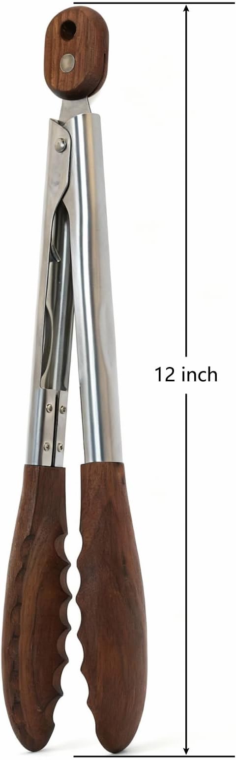 Kitchen Wooden Tongs for Cooking - Nonstick Kitchen Salad Tongs for Serving Food, Grilling, Cooking, BBQ and Tossing Salad - Made of Natural Walnut Wood, Size 12-inch