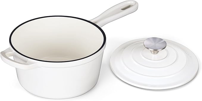 Onader 1QT Sauce Pan, Enameled Cast Iron Saucepan Dutch Oven Pot with Lid, Small Cooking Sauce Pot, Nonstick & Oven Safe ??White