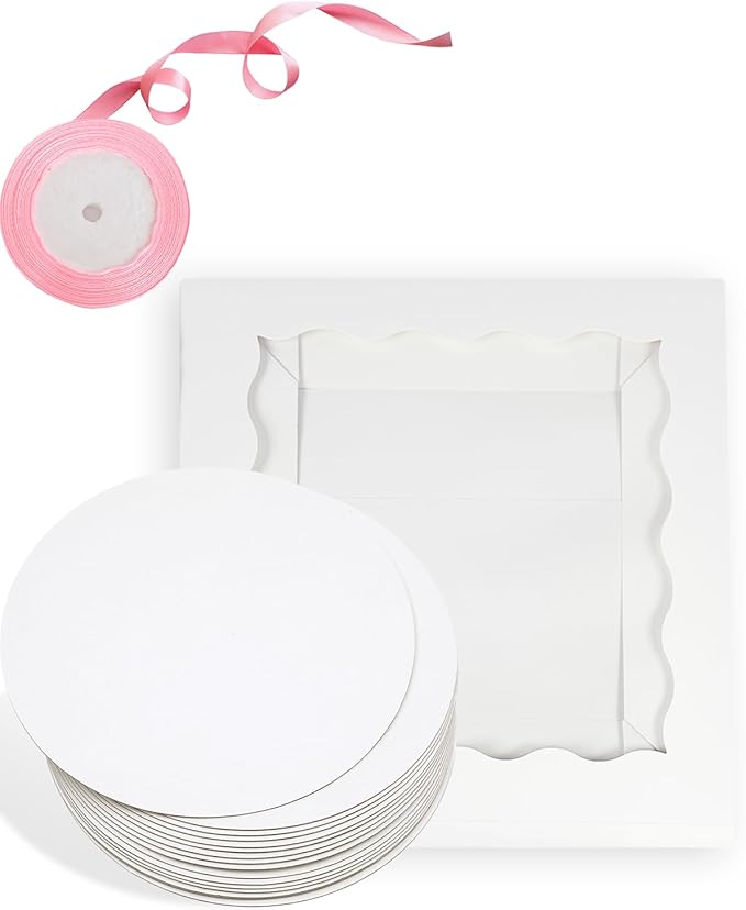 qiqee White 10x10x8 Cake Box, 4 Sets Cake Box with Window 竊?4 Sets 10" Cake Round Boards, 10inch Cake Containers, 10 Meters Pink Silk Ribbon Includes