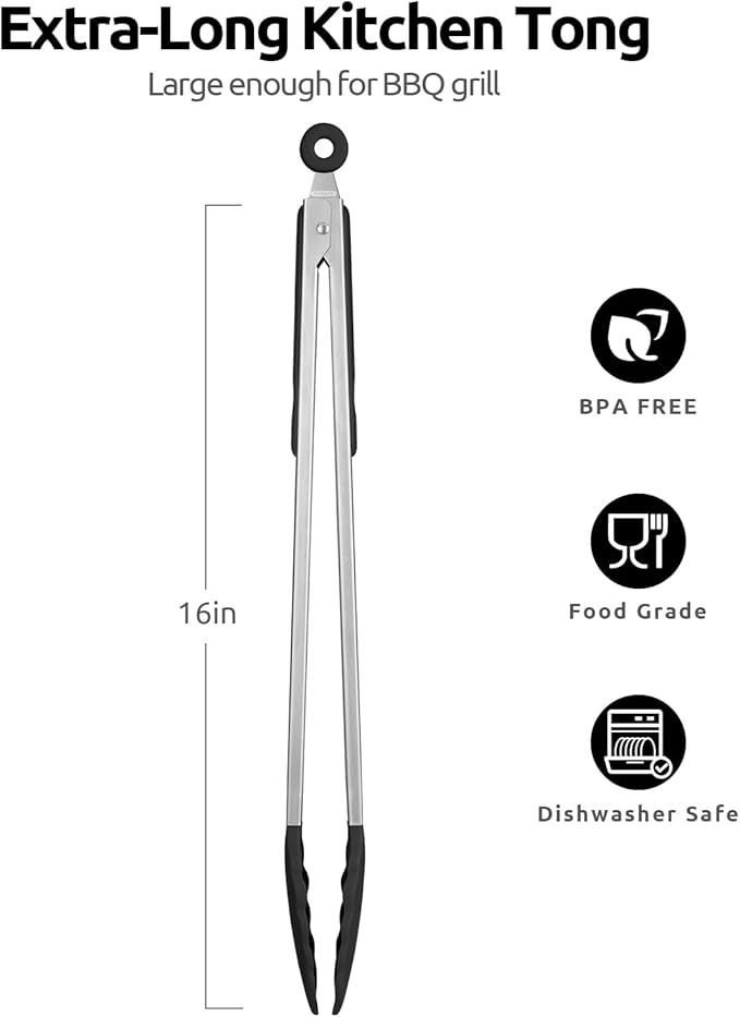 600쨘F Heat Resistant Kitchen Tongs: U-Taste 16 inch Extra Long Large Silicone Cooking Tong with Sturdy Non Stick Rubber Tips & Non Slip Silicon Coated 18/8 Stainless Steel Handle for Grill BBQ (Black)