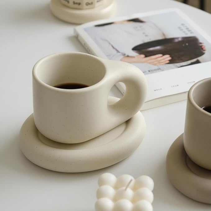 WENSHUO Chubby Funny Coffee Mug, Novelty Cute Cup and Saucer, Matte Cr챔me, 9 oz (Matte Cr챔me)