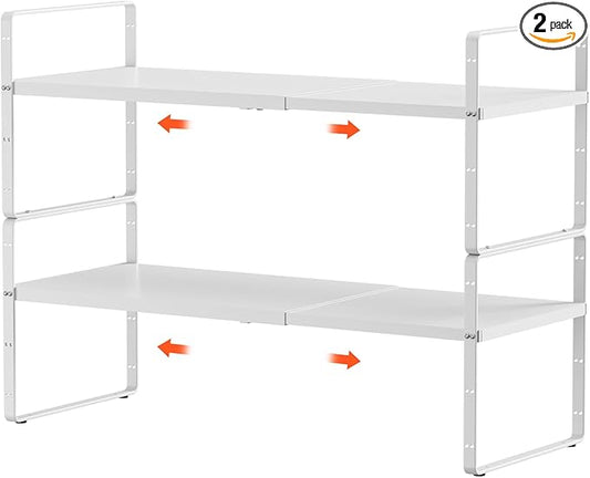 2Pack 16.5-27?쇺셂 Expandable Kitchen Shelf Organizer, Stackable Shelves Organizer, Adjustable Height Pantry Spice Rack for Cabinet, Countertop, Pantry and Cupboard, White