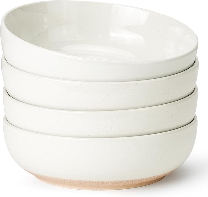 Pasta Bowls Set of 4, 34oz Speckled Ceramic Bowls Set for Serving Salad, Pasta, Soup, Dinner, 8" Wide and Deep Bowls, Dishwasher & Microwave Safe, Matte Terracotta Base (Warm White)