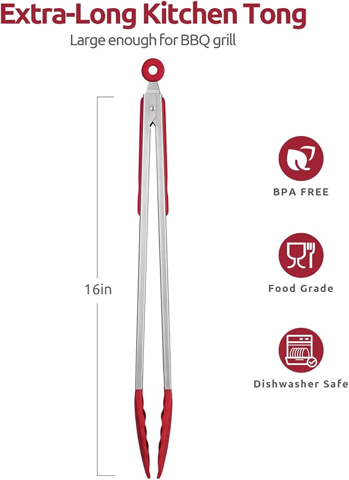 600쨘F Heat Resistant Kitchen Tongs: U-Taste 16 inch Extra Long Large Silicone Cooking Tong with Sturdy Non Stick Rubber Tips & Non Slip Silicon Coated 18/8 Stainless Steel Handle for Grilling BBQ(Red)