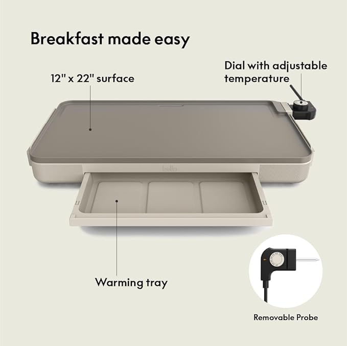 bella 12" x 22" Electric Griddle with Warming Tray, EverGood??Ceramic Nonstick Coating & Removable Temperature Probe, Dishwasher-Safe Drip Tray & Cool Touch Handles, 1500 Watt, Oatmilk