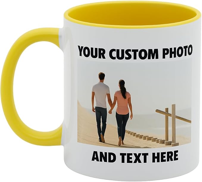 Personalized Coffee Mug | Custom Photo, Text, or Logo Cup (11oz, Yellow Rim, Inner, and Handle) |Dishwasher & Microwave Safe |Unique Gift for Men & Women ?밫aza Personalizada