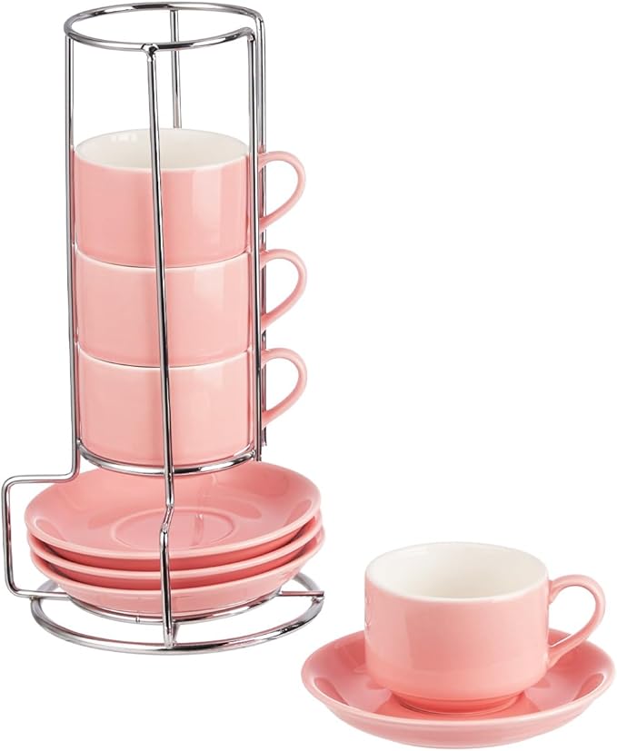 2.5oz Espresso Cups Set of 4, Small Stackable Coffee Cups with Saucers and Metal Stand, Ceramic Demitasse Cups, Cappuccino Cups for Coffee Drinks, Latte, Pink