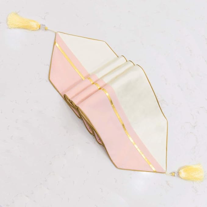 Avigers 12 x 59 Inch Decorative Luxury Pink White Gold Leather Striped Patchwork Velvet Table Runners with Tassels for Home Living Room Bedroom Art Decor Wedding