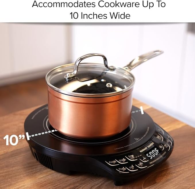Nuwave Diamond Induction Cooktop, New & Improved Electric Burner with Probe, 91 Temps 50째F to 500째F, 6.5??Heating Coil, Shatter-Proof Ceramic Glass, 3 Wattage Settings, Ideal for Dorms, RVs & Apts