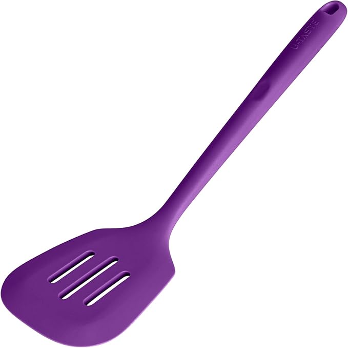 600쨘F Heat Resistant Slotted Turner: U-Taste 13.6in Silicone Kitchen Spatula Flipper, 3.74in Wide Food Grade Flexible Thin Rubber Cooking Utensil for Egg, Pancake, Cookie in Nonstick Cookware (Purple)