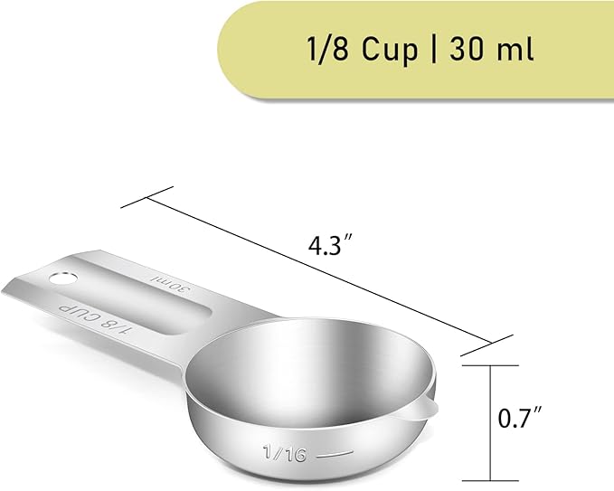 BERYLER 1PCS 1/8Cup (30ml, 1oz) Single Measuring Cup, Stainless Steel Measure Scoop, Metric and US Measurement, Dishwasher Safe