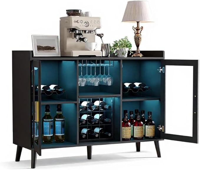 Wine Bar Cabinet with LED Lights, 47 Inch Freestanding Sideboard Buffet with Wine Rack & Glass Holder, Multi-Functional Storage Cabinet for Dining Room Living Room Kitchen, Black