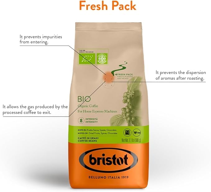 Bristot Bio Organic Italian Espresso Beans ??Whole Bean Coffee, Medium Roast ??Smooth & Aromatic with Spices, Caramel & Sandalwood Notes ??1.1 lb (500 g), Certified USDA Organic