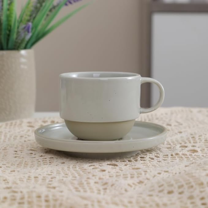 8oz Minimalist Elegant Handmade Ceramic Cappuccino Barista Cup with Saucer ??Artisanal Stoneware Espresso Coffee Mug , Lead-Free Latte Art Mug竊똇andmade Pottery tea mug or tea cup (Glossy Light Gray)