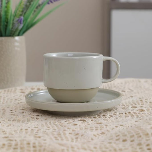 8oz Minimalist Elegant Handmade Ceramic Cappuccino Barista Cup with Saucer ??Artisanal Stoneware Espresso Coffee Mug , Lead-Free Latte Art Mug竊똇andmade Pottery tea mug or tea cup (Glossy Light Gray)