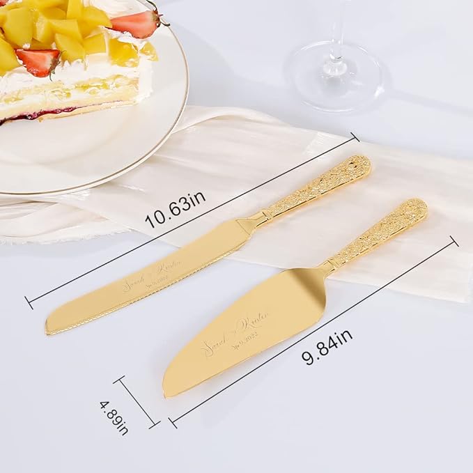 Wedding Cake Knife and Server Set, Personalized Gold Cake Cutting Set for Wedding, Engraved Classic Cake Knives Cutter Set, Pie Server, Birthday Bridal Quincea챰era Gift (CUS-Flower)