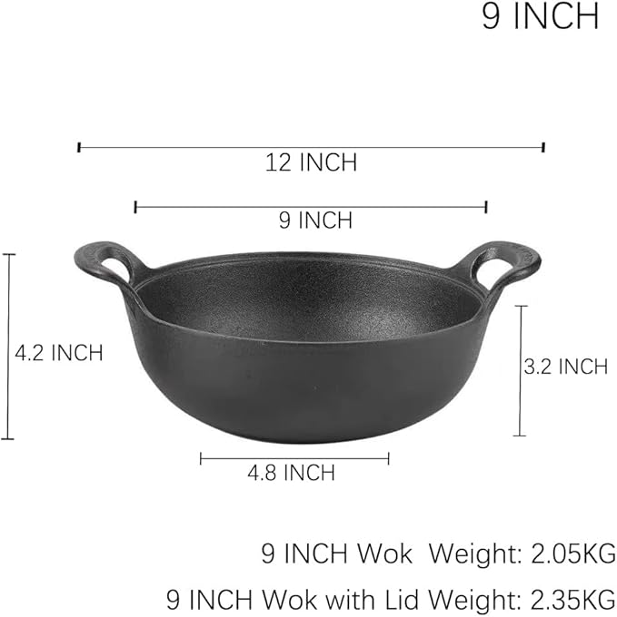 Cast Iron Wok with Handles, Grilling Pan, Use in the Oven, on the Stove, or on the Grill (Wok with Lid 9 inch)