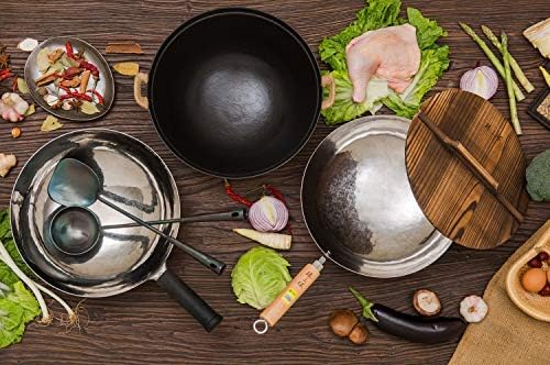 ?삡툒??ZhenSanHuan Chinese Hand Hammered Iron Woks and Stir Fry Pans, Non-stick, No Coating, Carbon Steel Pow (30CM, Silver-Not Seasoned)