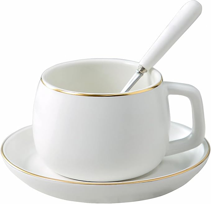 Ceramic Teacup and Saucer Set with Gold Trim Design 9.8oz Matte Plain Color Ceramic Coffee Mug White