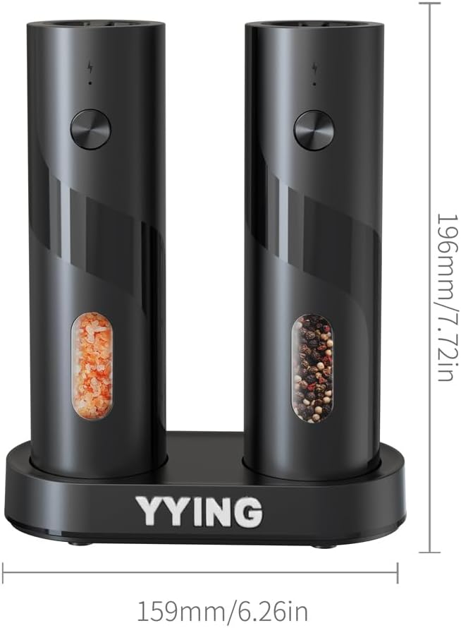 Electric Salt and Pepper Grinder Set, Automatic Pepper Mill Grinder with Charging Base & LED Light, Adjustable Coarseness, Large Capacity, One-handed Operation, for Kitchen, Restaurant, Outdoor